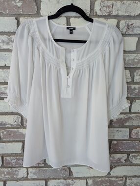 Express White Smocked Short Puff Sleeve Half Button Up Top